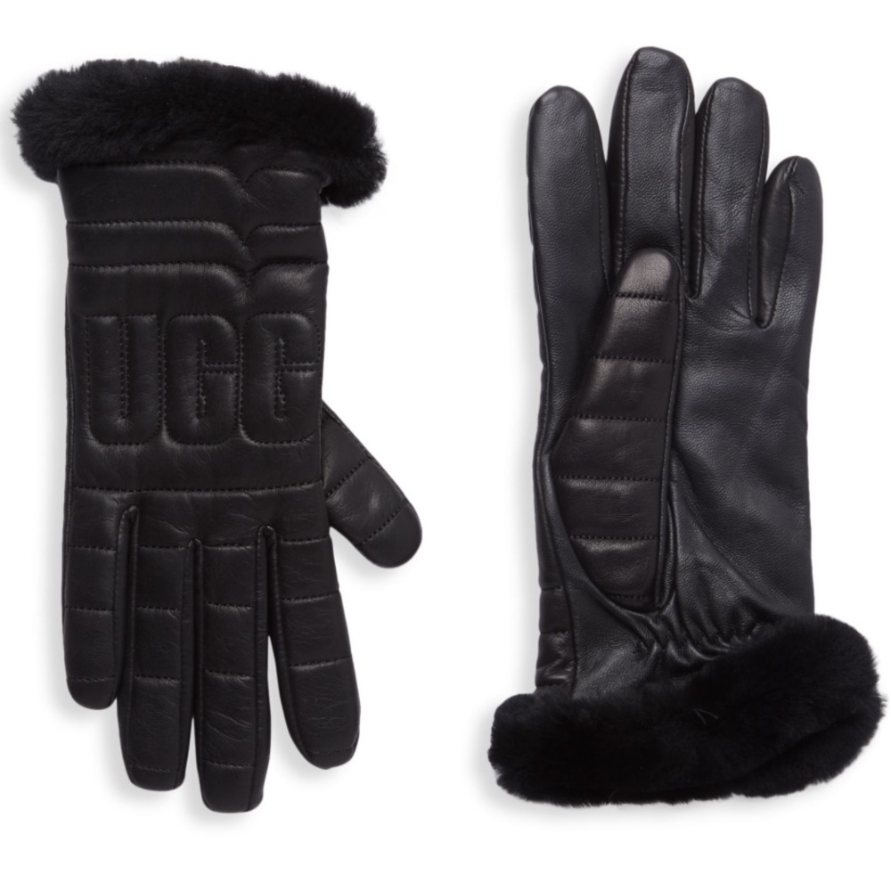 UGG Logo Shearling Cuff Leather Gloves